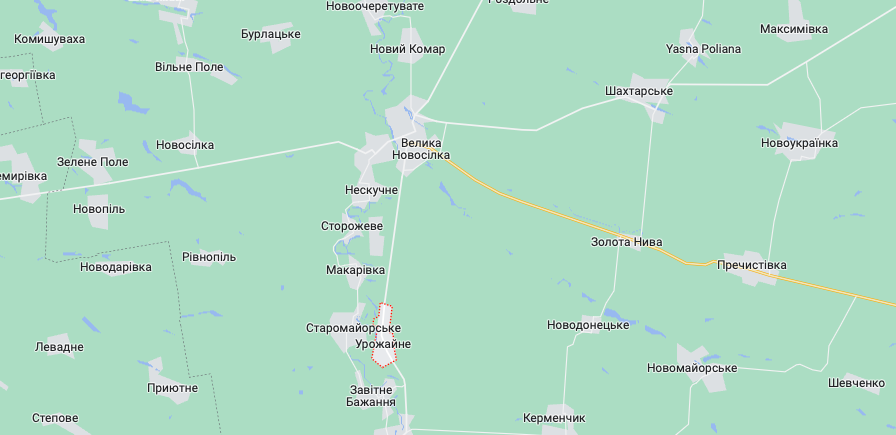 Старомайорське та Урожайне (Карта: googlemaps.com)