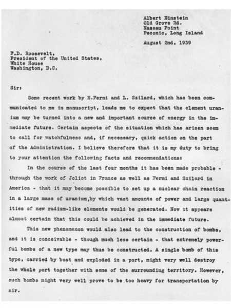 Лист президенту Рузвельту, який написали у серпні 1939 року Сілард та Ейнштейн