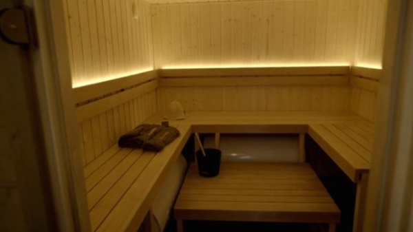 Inside a mobile sauna made by Estonian volunteers for Ukrainian soldiers