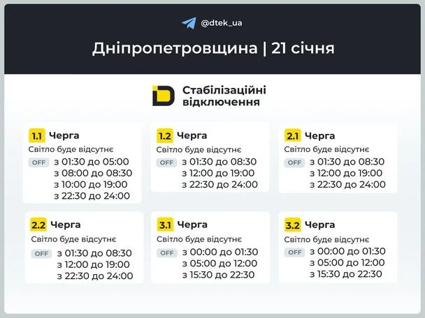 Графік відключення світла на Дніпропетровщині 21 січня: / © ДТЕК