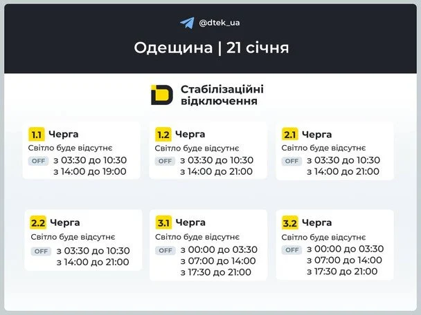 Графік відключення світла на Одещині 21 січня / © ДТЕК