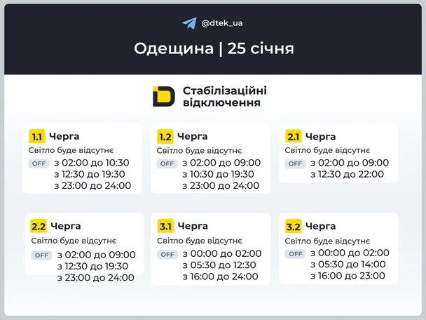 Графік відключення світла на Одещині 25 січня / © ДТЕК