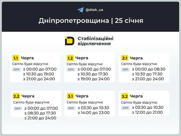 Графік відключення світла на Дніпропетровщині 25 січня / © ДТЕК