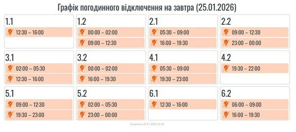 Графік відключення світла на Прикарпатті 25 січня