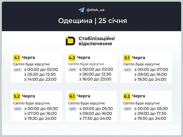 Графік відключення світла на Одещині 25 січня / © ДТЕК