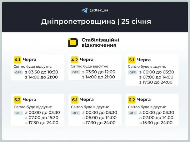 Графік відключення світла на Дніпропетровщині 25 січня / © ДТЕК