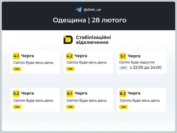 Графік відключення світла на Одещині 28 лютого / © ДТЕК