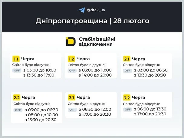 Графік відключення світла на Дніпропетровщині 28 лютого / © ДТЕК