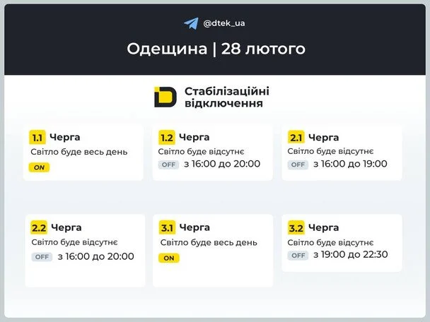 Графік відключення світла на Одещині 28 лютого / © ДТЕК