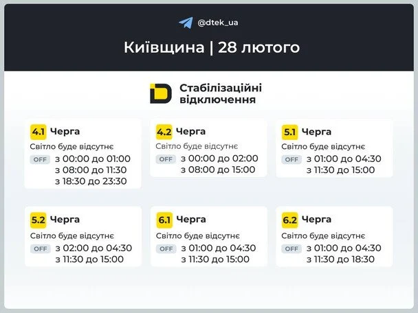 Графік відключення світла на Київщині 28 лютого / © ДТЕК