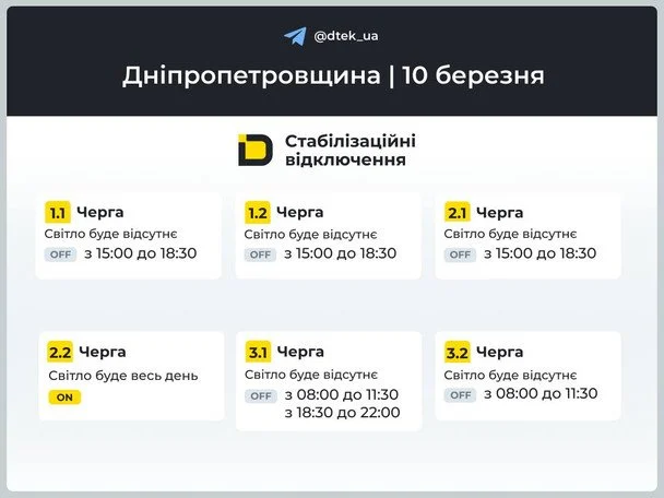 Графік відключення світла у Дніпропетровській області