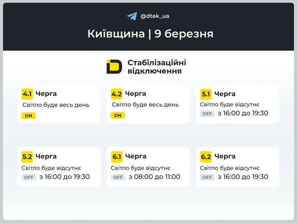 Графіки відключень на 9 березня для Київщини. / © ДТЕК