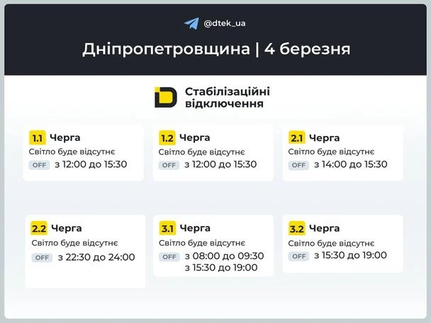 Графік відключення світла на Дніпропетровщині 4 березня / © ДТЕК