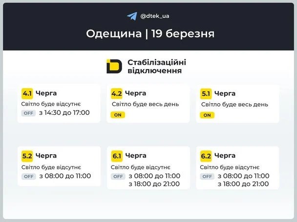 Графік відключення світла на Одещині 19 березня / © ДТЕК
