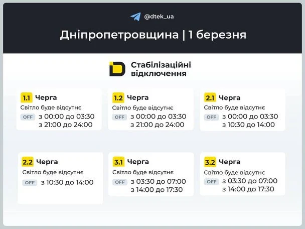 Графік відключення світла на Дніпропетровщині 1 березня / © ДТЕК