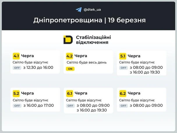 Графік відключення світла на Дніпропетровщині 19 березня / © ДТЕК