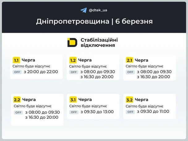 Графік відключення світла на Дніпропетровщині 6 березня / © ДТЕК