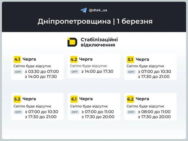 Графік відключення світла на Дніпропетровщині 1 березня / © ДТЕК