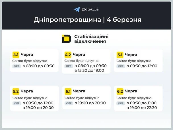 Графік відключення світла на Дніпропетровщині 4 березня / © ДТЕК