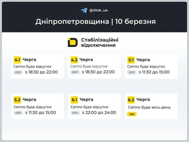 Графік відключення світла у Дніпропетровській області