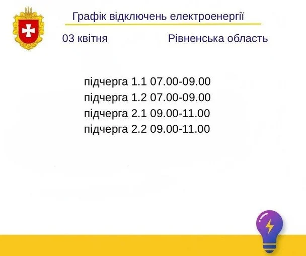 Графік відключення світла на Рівненщині 3 квітня
